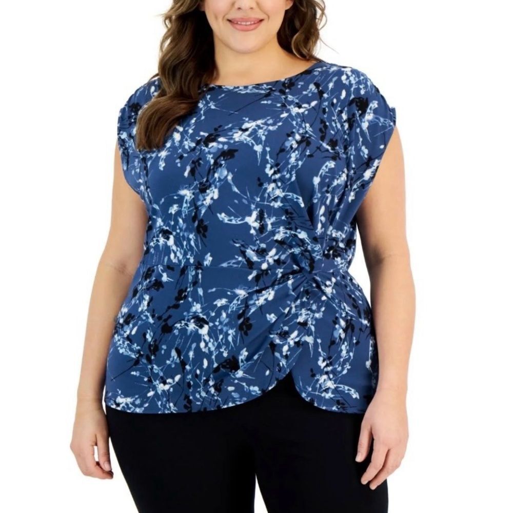 Printed Twist Knot Cap Sleeve Top 0X